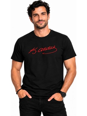 Etifa Tekstil Etifa Atatürk Imzalı Siyah Premium Unisex %100 Pamuk Kırmızı Baskılı Tişört