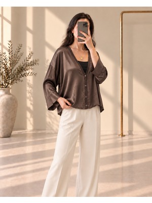 Olls Made In Italy Kadın Saten Dokulu Oversize Viskoz Bluz – 3 Renk