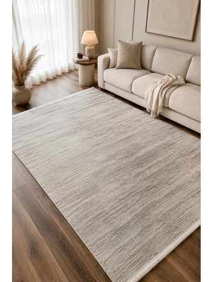 Leiva Home Krem Açık Gri Saten Bambu Halı | Parlak Ince Sık Dokuma | Kaymaz Taban | Özel Ölçü Yolluk