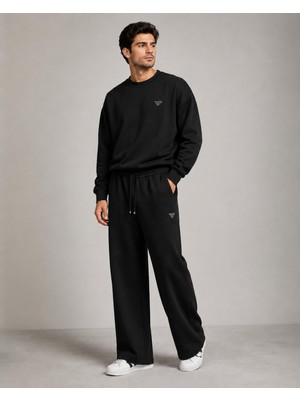 Storm Wear Erkek Oversize Bisiklet Yaka Sweatshirt Bol Paça Eşofman Takımı - Yumuşak Doku Wide Leg Ikili Takım