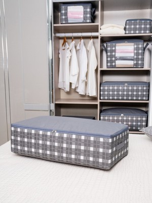 Empressco Mega Boy Gri Kare Desen Ekoseli Baza Altı Düzenleyici Hurç 75X40X20 cm