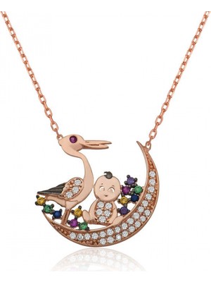 Pileli Store 925 Ayar Gümüş Leylek ve Bebek Kadın Gümüş Kolye