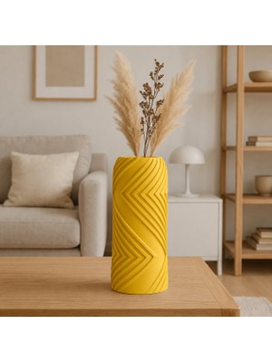 TeknoKapsül 3D Baskı Vector Vazo - Geometrik Çizgili Dekoratif Vazo-Sarı
