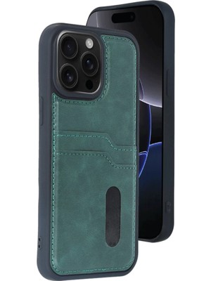 Bezos Apple iPhone 15 Pro Max Kılıf Sara Kartvizitli Deri Kılıf - Koyu Yeşil