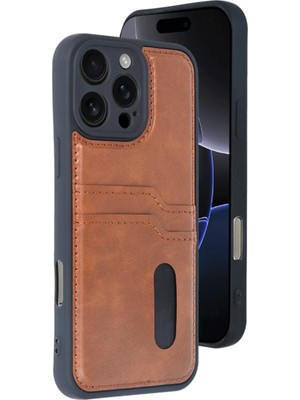 Bezos Apple iPhone 16 Pro Max Kılıf Sara Kartvizitli Deri Kılıf - Taba