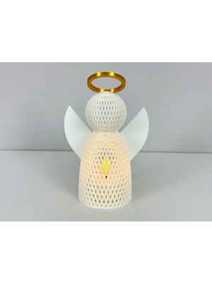 Bezos 3D Baskı File Dokulu Melek Tealight Mumluk 14,5 cm Altın Haleli Dekoratif Fener Şamdan Masa Süsü