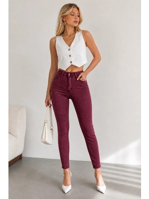 Shevega Kadın Bordo Yüksek Bel Dar Paça Keten Pantolon