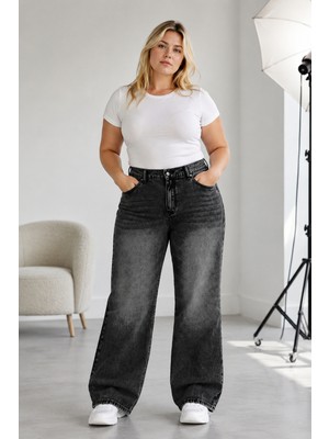 Shevega Kadın Büyük Beden Füme Işlemeli Arka Lastikli Boru Paça Denim Pantolon