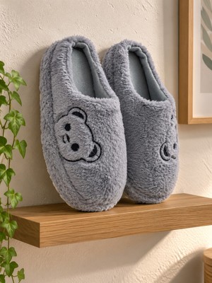 ModaFrato Fluffy Ayıcık Desenli Kadın Ev Terliği Kışlık Yünlü Terlik Ses Yapmayan Içi Yünlü Günlük Rahat Terlik