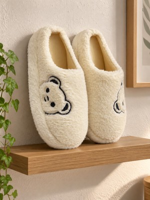 ModaFrato Fluffy Ayıcık Desenli Kadın Ev Terliği Kışlık Yünlü Terlik Ses Yapmayan Içi Yünlü Günlük Rahat Terlik