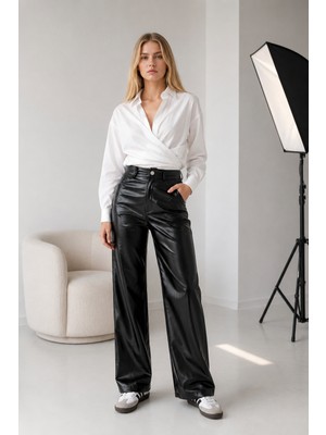 Shevega Kadın Siyah Yüksek Bel Bol Paça Deri Pantolon