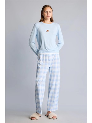 DeFacto %100 Pamuk Slim Fit Uzun Kollu Baskılı Üst Kareli Alt Ribana Pijama Takımı H8812AX26AU