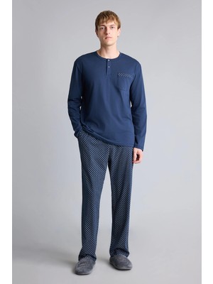DeFacto %100 Pamuk New Regular Fit Henley Yaka Cepli Uzun Kollu 2'li Pijama Takımı I2490AX26AU
