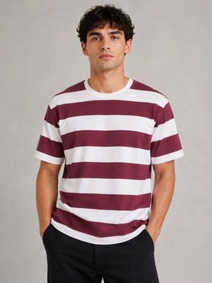 Erkek Çizgili Oversize Tişört Bisiklet Yaka Kısa Kol Yazlık T-Shirt - Bordo