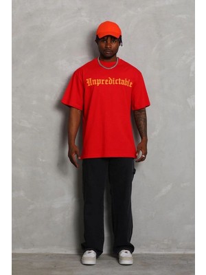 Erkek Baskılı Tişört Kısa Kol Bisiklet Yaka Oversize T-Shirt - Kırmızı