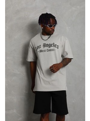 Erkek Baskılı Tişört Kısa Kol Bisiklet Yaka Oversize T-Shirt - Gri