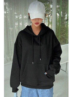 Kadın Kapüşonlu Kanguru Cepli 3 Iplik Pamuklu Oversize Hoodie Sweatshirt - Siyah