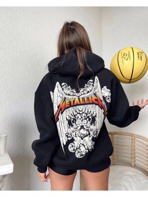 Kadın 2 Iplik Metallıca Baskılı Kapüşonlu Hoodie Sweatshirt - Siyah