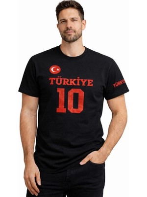 Erkek Türkiye Ay Yıldız Baskılı 10 Numara Forma Tişört Taraftar T-Shirt - Siyah