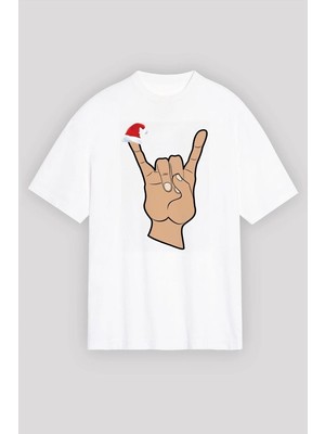 Yılbaşı Noel Başlıklı Serçe Parmak Baskılı Oversize Bisiklet Yaka T-Shirt - Beyaz