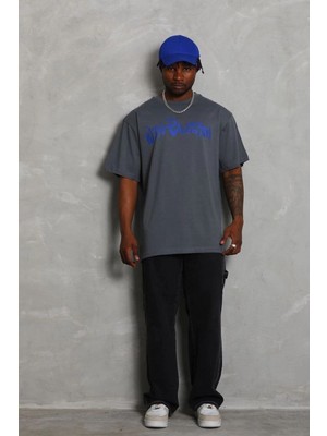 Erkek Baskılı Tişort Kısa Kol Bisiklet Yaka Oversize T-Shirt - Füme