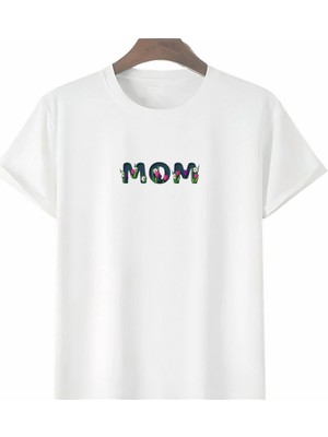 Anneler Günü Hediye Mom Çiçek Baskılı Oversize Bisiklet Yaka T-Shirt - Beyaz