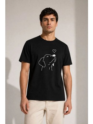 Erkek Köpek Figürlü Minimal Baskılı Tişört Kısa Kol Yazlık T-Shirt - Siyah