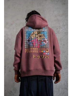 Erkek 3 Iplik Pamuklu Kapüşonlu Baskılı Cepli Oversize Sweatshirt Hoodie - Gül Kurusu