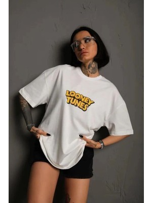 Kadın Bisiklet Yaka Baskılı Oversize Kısa Kol  T-Shirt - Beyaz