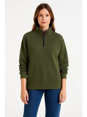 Kadın 3 Iplik Dık Yaka Yarım Fermuarlı Sweatshirt - Haki