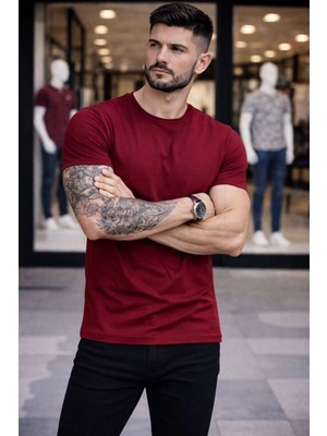 Erkek Body Tişört Bisiklet Yaka Slim Fit Likralı T-Shirt - Bordo
