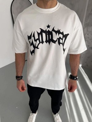 Erkek Tişört Bisiklet Yaka Baskılı Kısa Kol T-Shirt - Beyaz