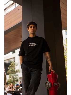 Erkek Kısa Kol Yazlık Tişört Bisiklet Yaka Baskılı Oversize T-Shirt - Siyah