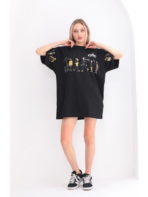 Kadın Kısa Kol Yazlık Tişört Bisiklet Yaka Baskılı Oversize T-Shirt - Siyah