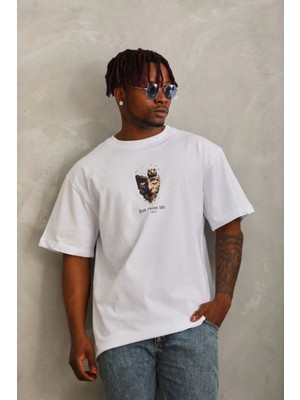 Erkek Baskılı T-Shirt Kısa Kol Bisiklet Yaka Regular Fit Rahat Kalıp Günlük Tişört - Beyaz