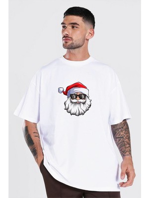 Yılbaşı Gözlüklü Noel Baba Baskılı Kısa Kollu Oversize Bisiklet Yaka T-Shirt - Beyaz