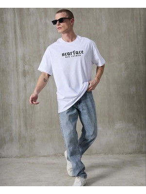 Erkek Kısa Kol Yazlık Tişört Bisiklet Yaka Baskılı Oversize T-Shirt - Beyaz