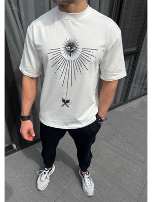 Erkek Kısa Kol Tişört Bisiklet Yaka Gül Baskılı Oversize T-Shirt - Beyaz