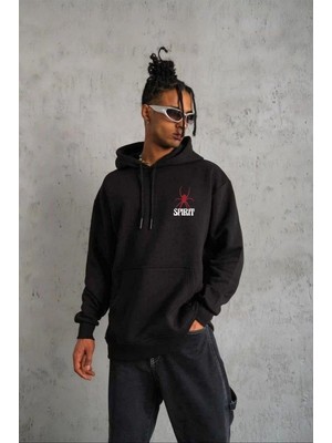 Erkek 3 Iplik Pamuklu Kapüşonlu Baskılı Cepli Oversize Sweatshirt Hoodie - Siyah