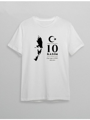 10 Kasım Atatürk Anma Günü Silüet Baskılı Oversize Bisiklet Yaka T-Shirt - Beyaz