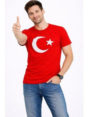 Erkek T-Shirt Kısa Kol Bisiklet Yaka Ay Yıldız Bayrak Baskılı Tişört - Kırmızı