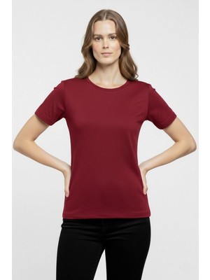 Kadın T-Shirt Bisiklet Yaka Slim Fit Likralı Tişört Yazlık Basic Body - Bordo