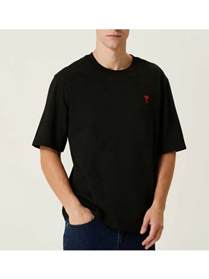 Erkek Kısa Kol Tişört Bisiklet Yaka Kalp Baskılı Oversize T-Shirt - Siyah