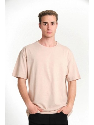 Erkek Düz Tişört Bisikilet Yaka Kısa Kol Oversize T-Shirt - Bej