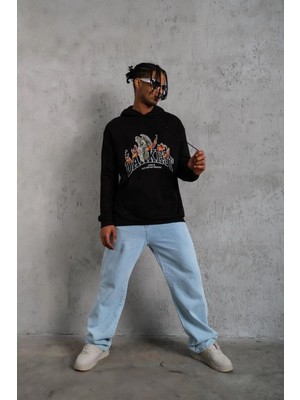 Erkek 3 Iplik Pamuklu Kapüşonlu Baskılı Cepli Oversize Sweatshirt Hoodie - Siyah