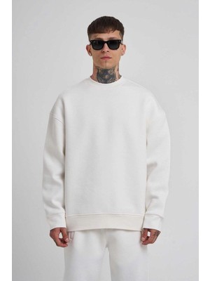 Erkek Bisikilet Yaka 3 Plik Pamuklu Sweatshirt - Beyaz