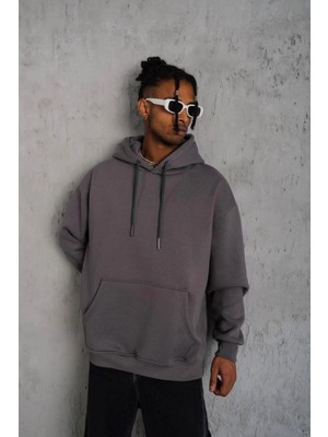 Erkek 3 Iplik Pamuklu Kapüşonlu Kanguru Cepli Sweatshirt Hoodie - Gri