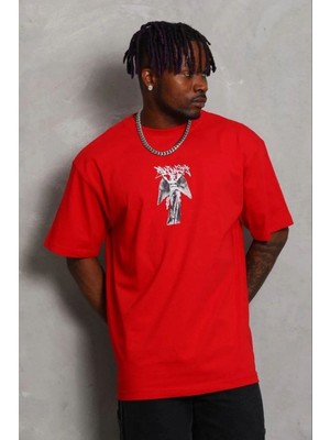 Erkek Baskılı T-Shirt Kısa Kol Bisiklet Yaka Regular Fit Tişört - Kırmızı