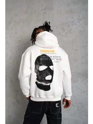 Erkek Maske Baskılı 3 Iplik Pamuklu Kapüşonlu Sweatshirt Hoodie - Beyaz