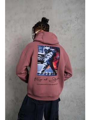 Erkek 3 Iplik Pamuklu Kapüşonlu Baskılı Cepli Oversize Sweatshirt Hoodie - Gül Kurusu